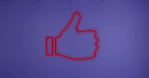 Neon Thumbs Up Icon on Purple Background
