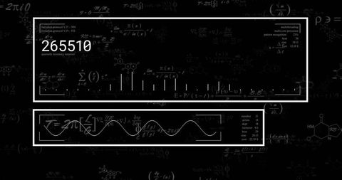 Monochrome Dashboard Displaying Large Numeric Metric, Waveform Chart, Tick Markers and Formulas