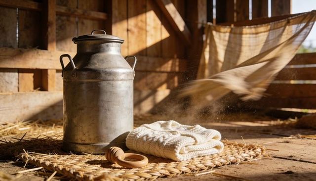 Vintage metal milk can catching sunlight in barn with knit baby sweater