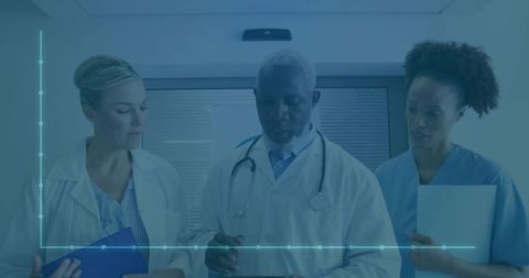 Medical professionals analyzing patient data with high tech interface