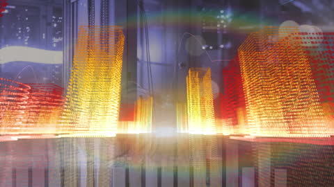 Animated Digital Interface Over Server Room With Data Streams