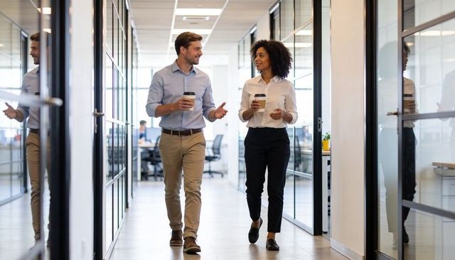 Colleagues walking with coffee in modern glass office corridor, professional collaboration