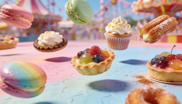 Floating Rainbow Macarons, Fruit Tarts and Churros at Pastel Carnival Carousel, Whimsical Pastries