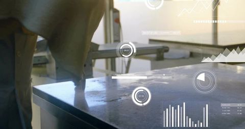 Augmented reality overlays projecting on reflective workbench in industrial research lab