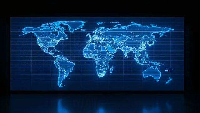 Displaying holographic world map in neon blue with digital grid and glossy floor reflection
