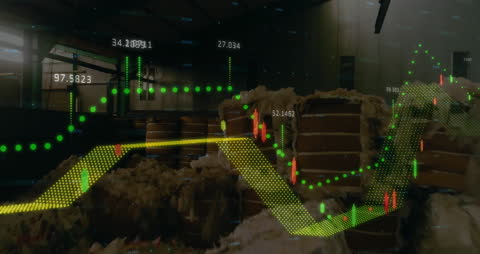 Financial Data Overlay on Waste in Warehouse Symbolizing Economic Trends