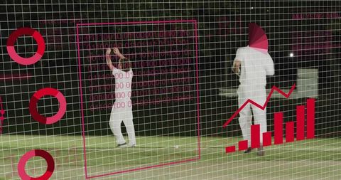 Cricket players raising arms with analytics overlay visualizing performance on night pitch