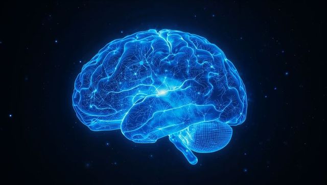 Holographic Blue Brain Neural Network Pulsing 3D Wireframe Cortex and Cerebellum