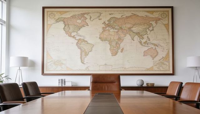 Minimalist midcentury boardroom with vintage world map, leather executive chair