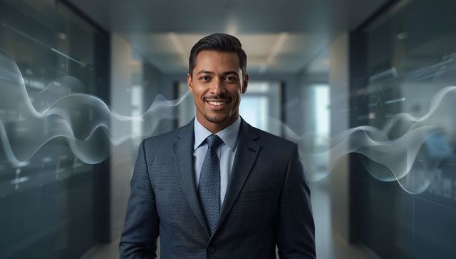 Executive standing in modern office with smart tailored suit and abstract digital waveforms