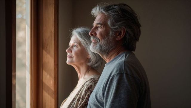 Mature couple gazing through sunlit window, quiet morning reflection and togetherness
