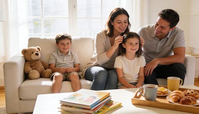Parents adjusting daughter's hair while smiling son and teddy on cozy sunlit sofa with tray, books