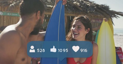 Friends Laughing with Surfboards Showing Social Media Engagement