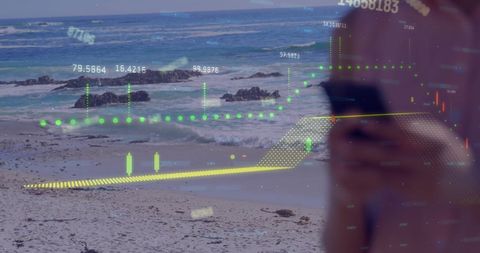 Digital data overlay on beach background with woman using smartphone