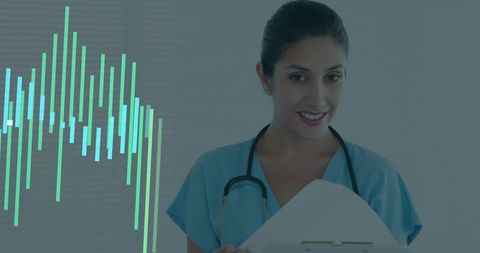 Smiling nurse holding clipboard beside healthcare data visualization overlay