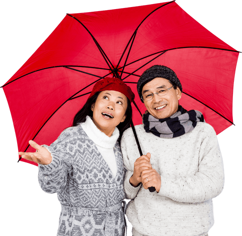 Smiling asian couple under red transparent umbrella