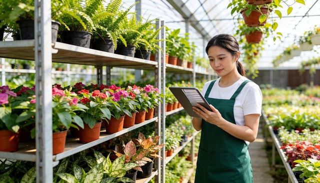 Nursery worker checking tablet in sunlit greenhouse, managing potted plants and inventory