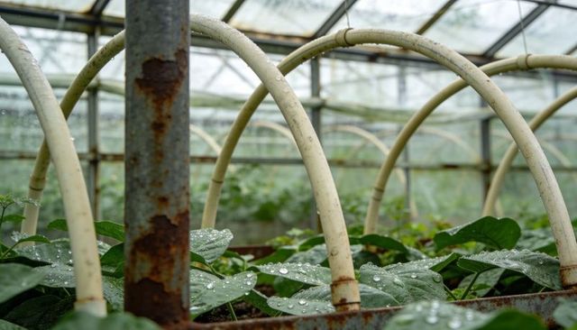 Dew-covered leaves growing under hoop supports in rusted greenhouse rows