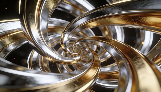 Twisting reflective gold and silver ribbon spiral vortex with floating bokeh lights