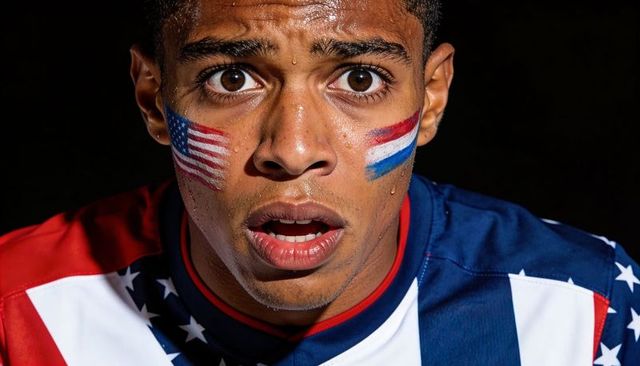 Intense close-up fan portrait staring and sweating with usa and netherlands face paint