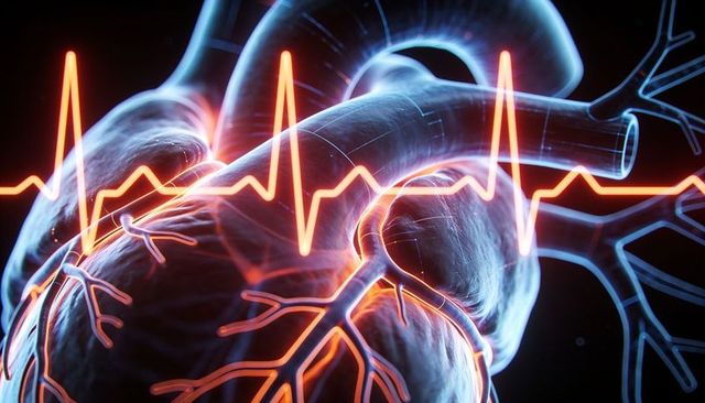 Pulsing 3d heart with neon ecg waveform highlighting coronary arteries and vasculature