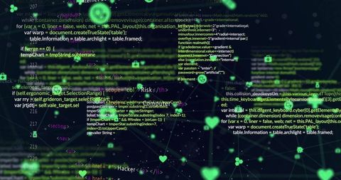 Cybersecurity Code Interface with Neon Green Holographic Icons
