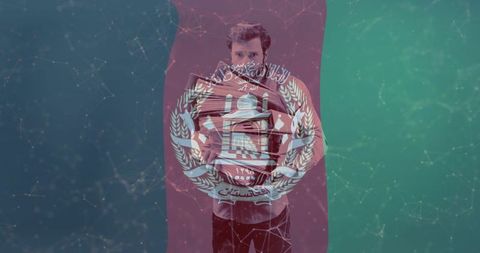 Student holding stack of books with afghan emblem overlay on tricolor network background