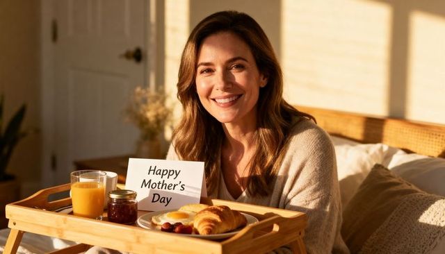 Cozy sunlit mother's day breakfast in bed with smiling mom holding wooden tray