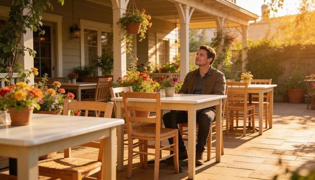 Man sitting on sunlit cafe terrace enjoying golden hour surrounded by potted flowers