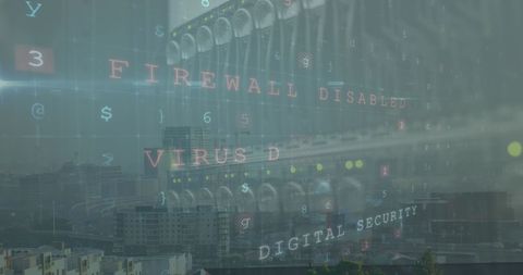 Cybersecurity threats in urban cityscape with neon alerts