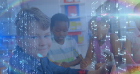 Children in Classroom with Digital Technology Overlay