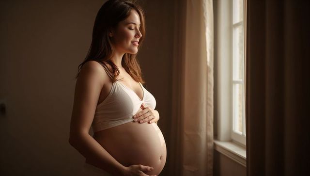 Pregnant woman cradling belly by window natural light maternity portrait minimal soft warm