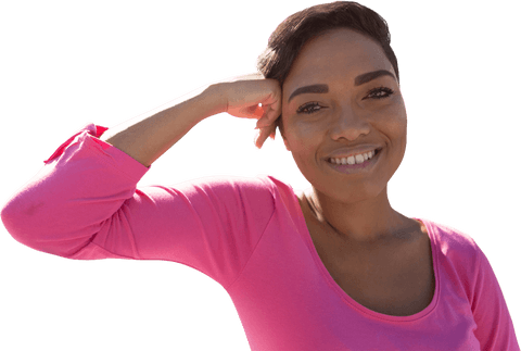Smiling Woman in Pink Promoting Breast Cancer Awareness, Transparent Background