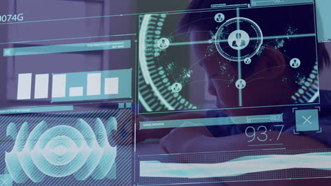 Schoolboy Engaging in Classroom Study with Futuristic HUD Overlay