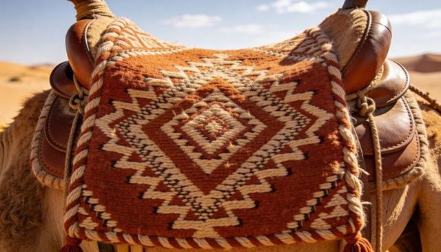 Woven saddle blanket draping camel back over leather saddle under desert sunlight