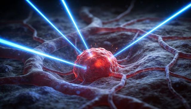 Converging lasers targeting tumor cell for precision ablation microscopic biomedical concept