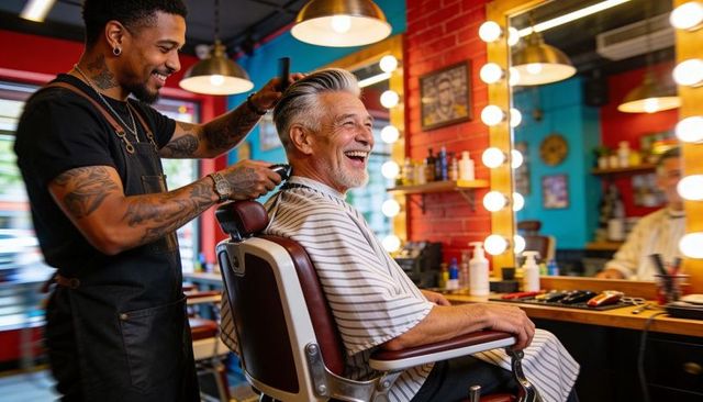 Smiling older man getting stylish haircut from tattooed barber in vibrant retro barbershop