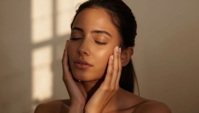 Woman basking in warm window light cupping face with dewy glowing skin and manicured nails