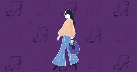 Stylish woman walking amidst sketches of high heels fashion background