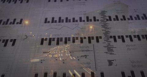 Financial Data Overlay on Night Cityscape Urban Fusion Concept