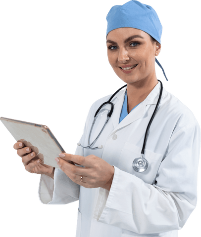 Smiling Female Doctor in Blue Cap Holding Tablet Transparent Background