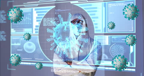 Scientist Inspecting Viruses on Digital Interface in Protective Gear