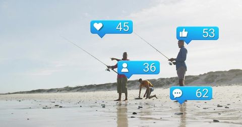 Fishing trio on coastal shoreline with social media reaction bubbles showing likes and comments