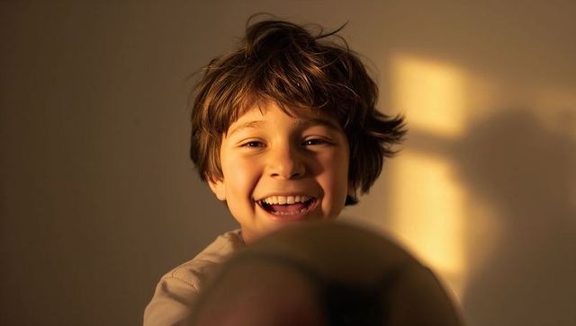 Golden hour laughing child holding ball warm candid indoor portrait