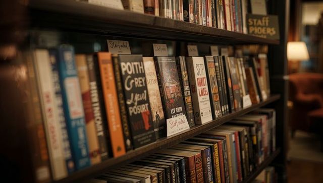Cozy bookstore shelf showing curated books with warm lamp, armchair