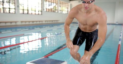 Competitive Swimmer Preparing to Dive in Indoor Pool