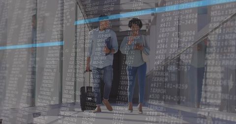 Business travelers walking through airport terminal with digital code overlay and glitch