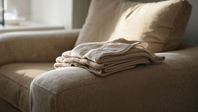 Beige armchair with folded towels and cushion in sunlit minimalist living room interior