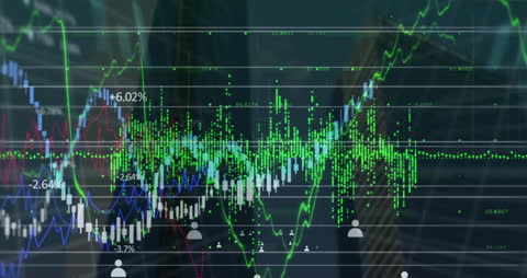 Digital Icons Overlaying Stock Market Data with Elevated Lines