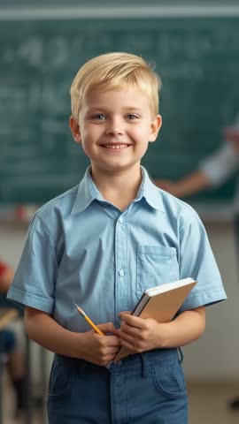 Vertical classroom video of smiling boy holding notebook and pencil during lesson
